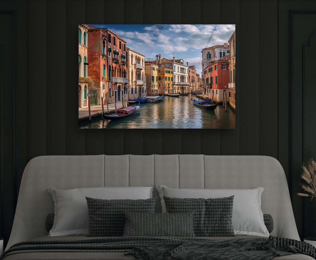 Venice Canal with Gondolas Glass Wall Art in a modern interior