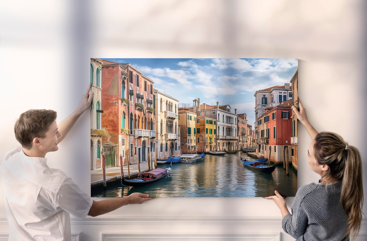 Venice Canal with Gondolas Glass Wall Art on the wall