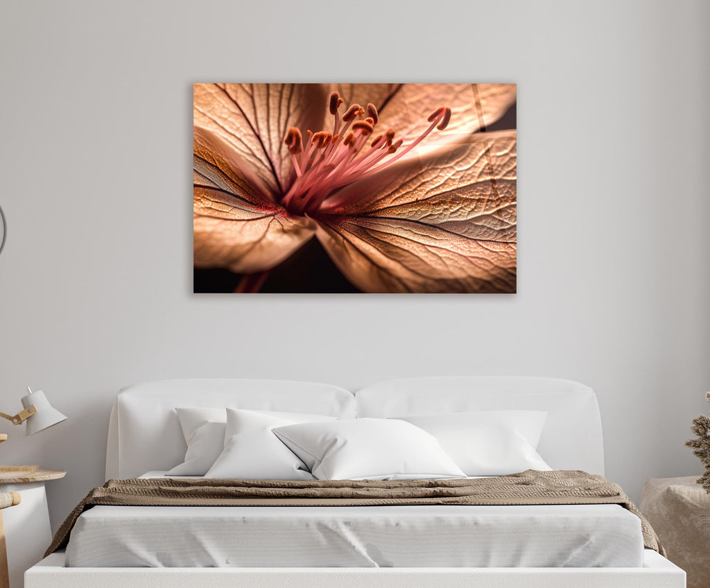 Blush Lily Petal Macro Glass Wall Art in a living room interior