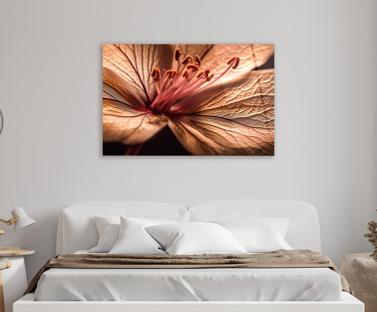 Blush Lily Petal Macro Glass Wall Art in a living room interior