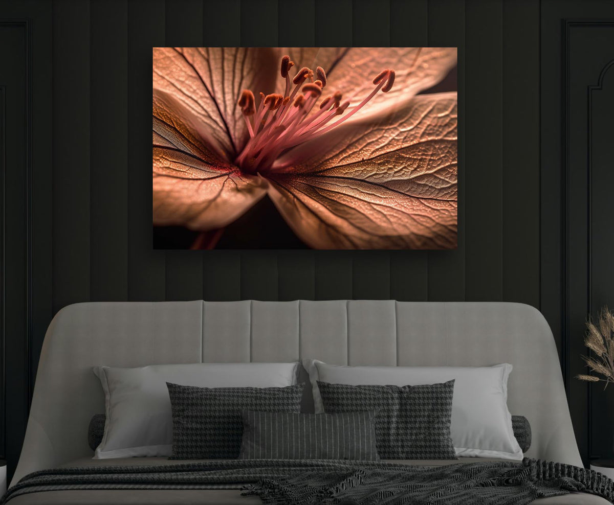 Blush Lily Petal Macro Glass Wall Art in a modern interior