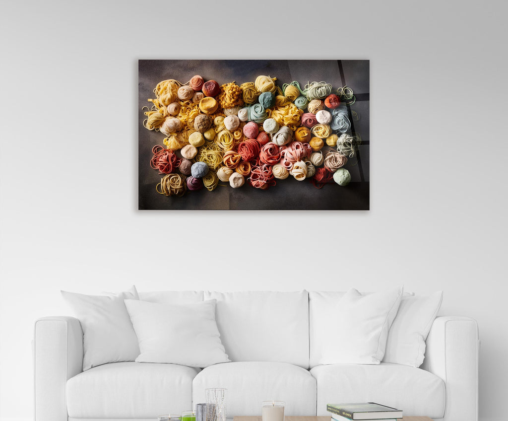 Colorful Pasta Nests Glass Wall Art in a living room interior