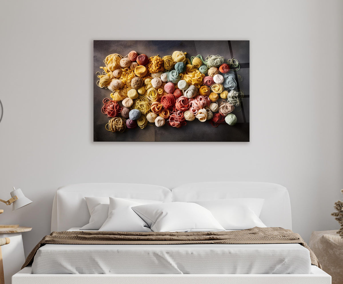 Colorful Pasta Nests Glass Wall Art in a modern interior
