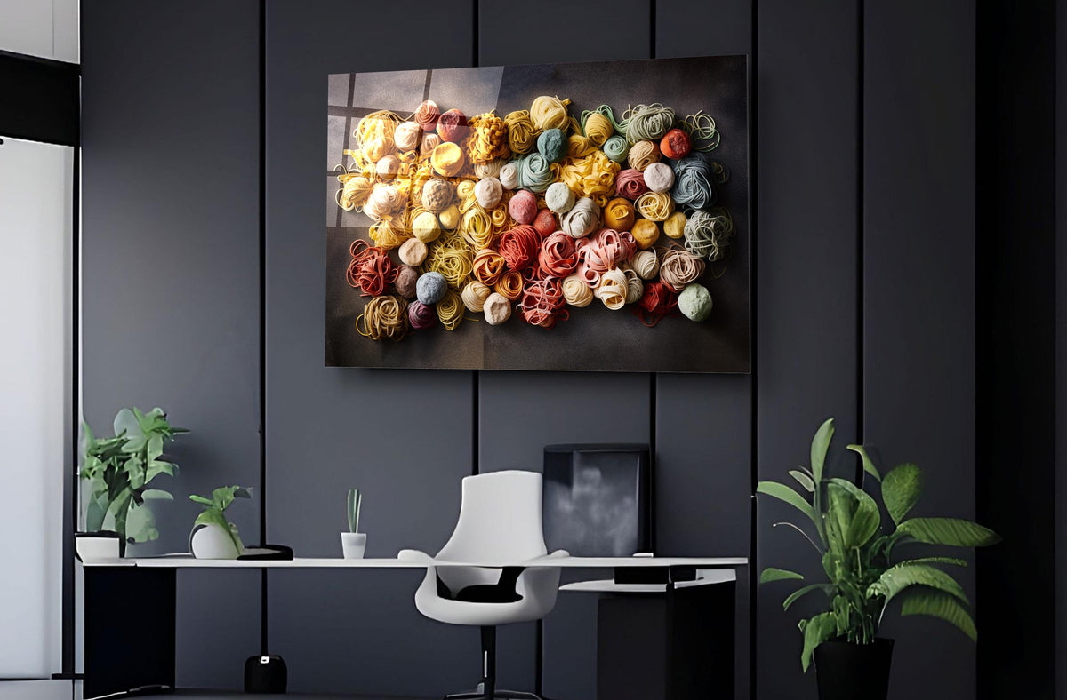 Colorful Pasta Nests Glass Wall Art on the wall