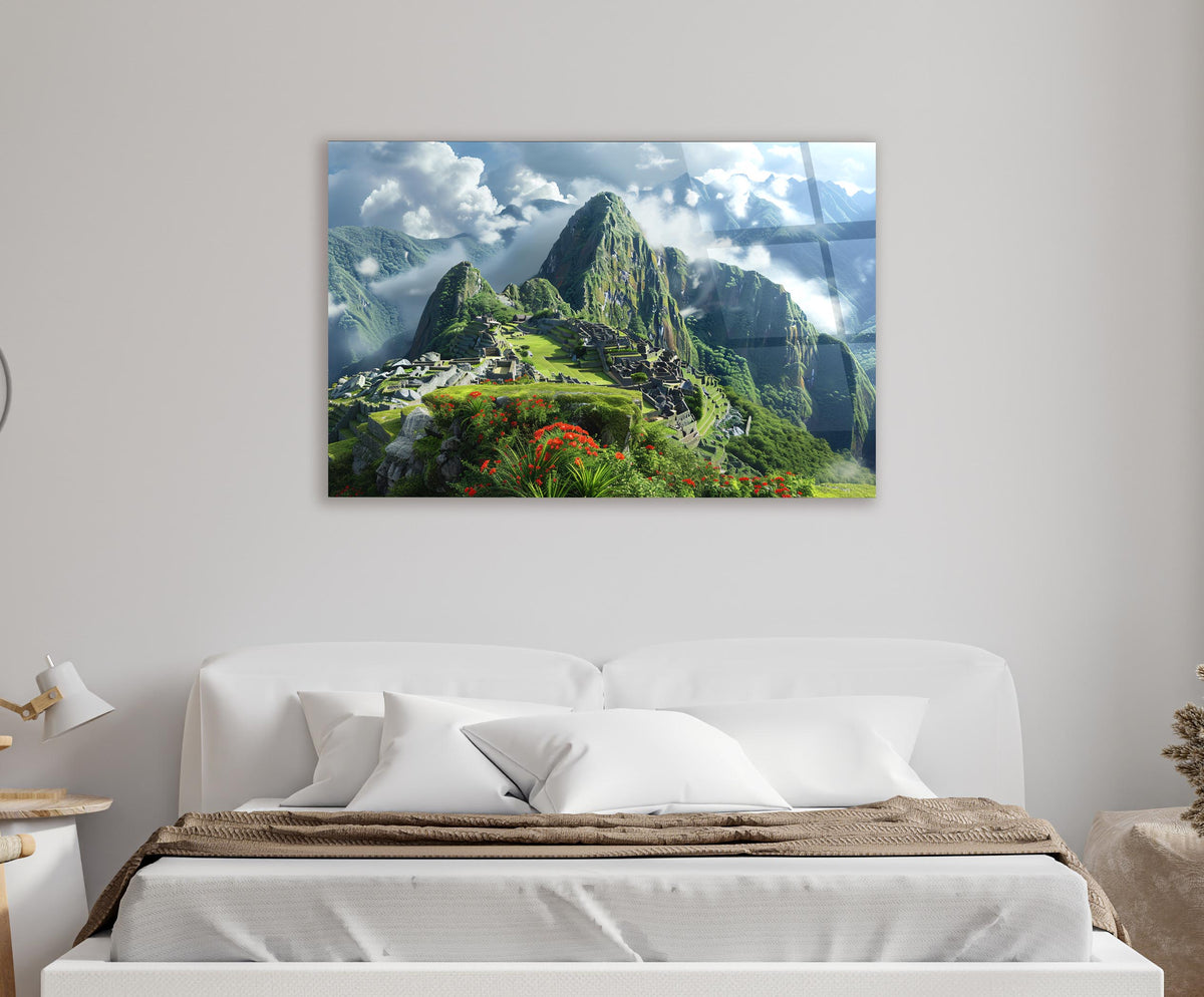 Machu Picchu Mountain Landscape Glass Wall Art in a living room interior