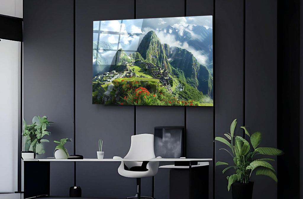 Machu Picchu Mountain Landscape Glass Wall Art in a modern interior