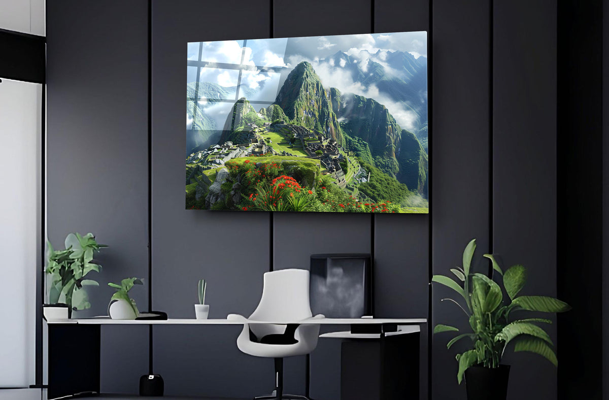 Machu Picchu Mountain Landscape Glass Wall Art in a modern interior