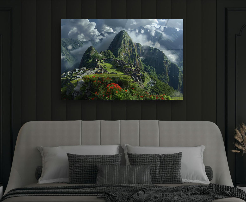 Machu Picchu Mountain Landscape Glass Wall Art on the wall