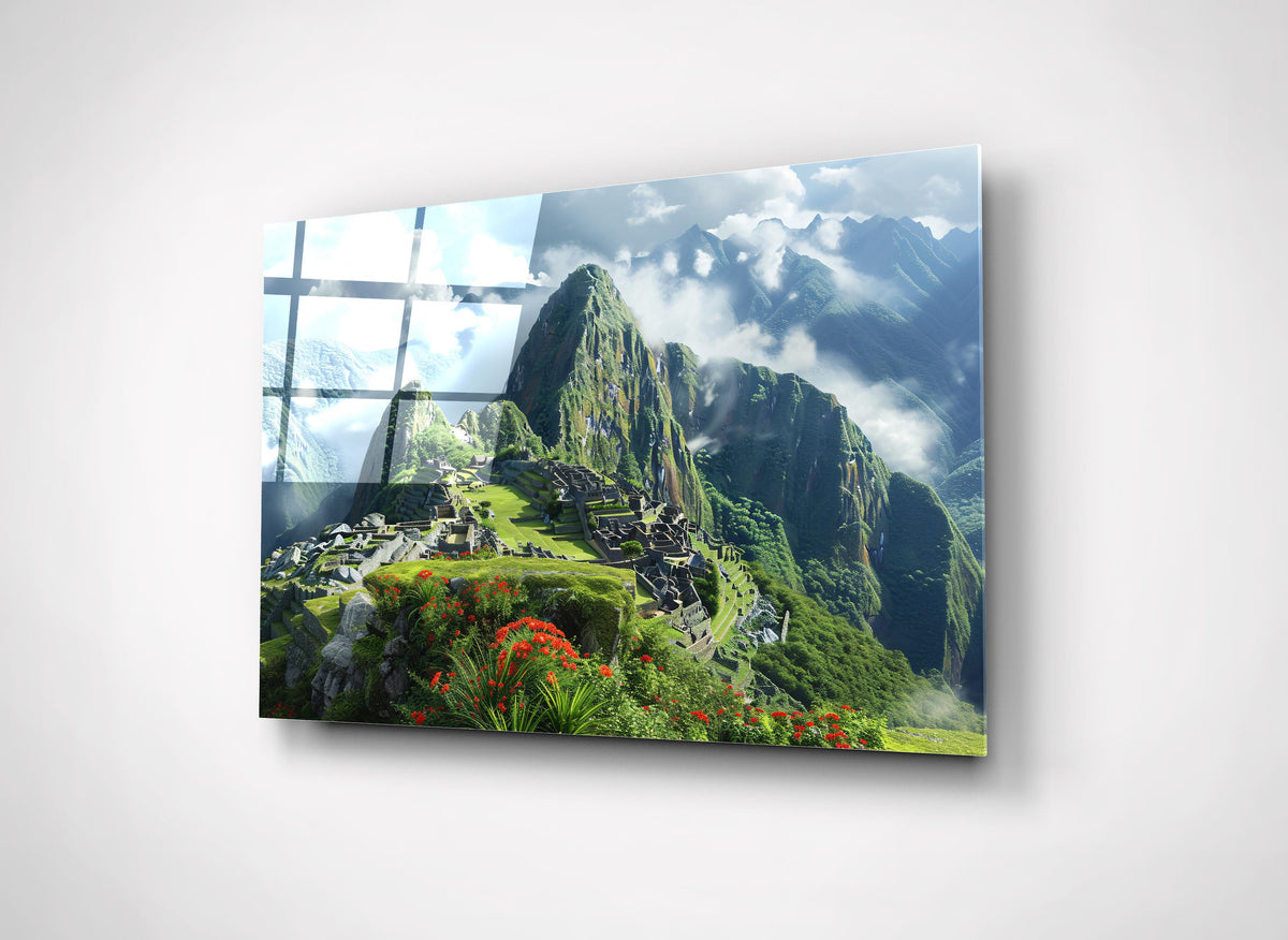 Machu Picchu Mountain Landscape Glass Wall Art close-up