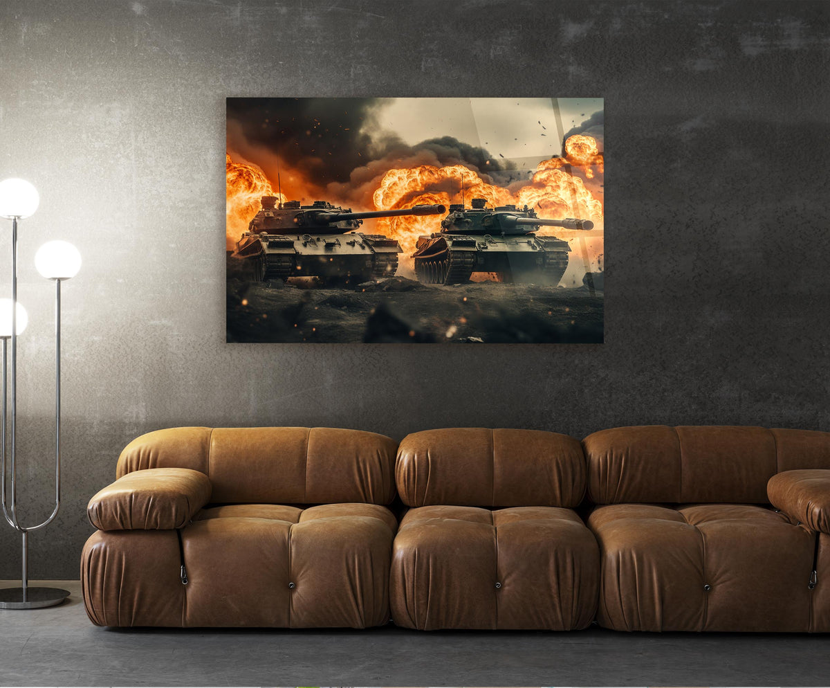 Battle Tanks in Fire Glass Wall Art in a living room interior