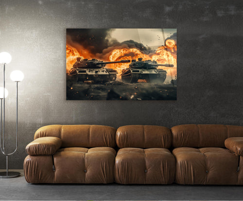 Battle Tanks in Fire Glass Wall Art in a living room interior