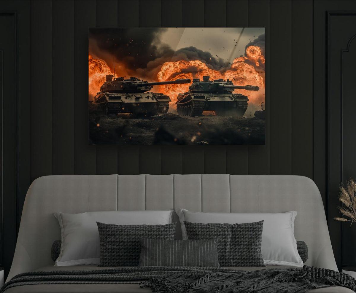 Battle Tanks in Fire Glass Wall Art in a modern interior