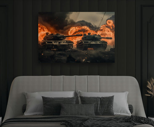 Battle Tanks in Fire Glass Wall Art in a modern interior