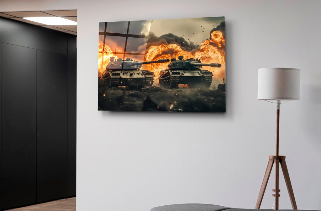 Battle Tanks in Fire Glass Wall Art on the wall