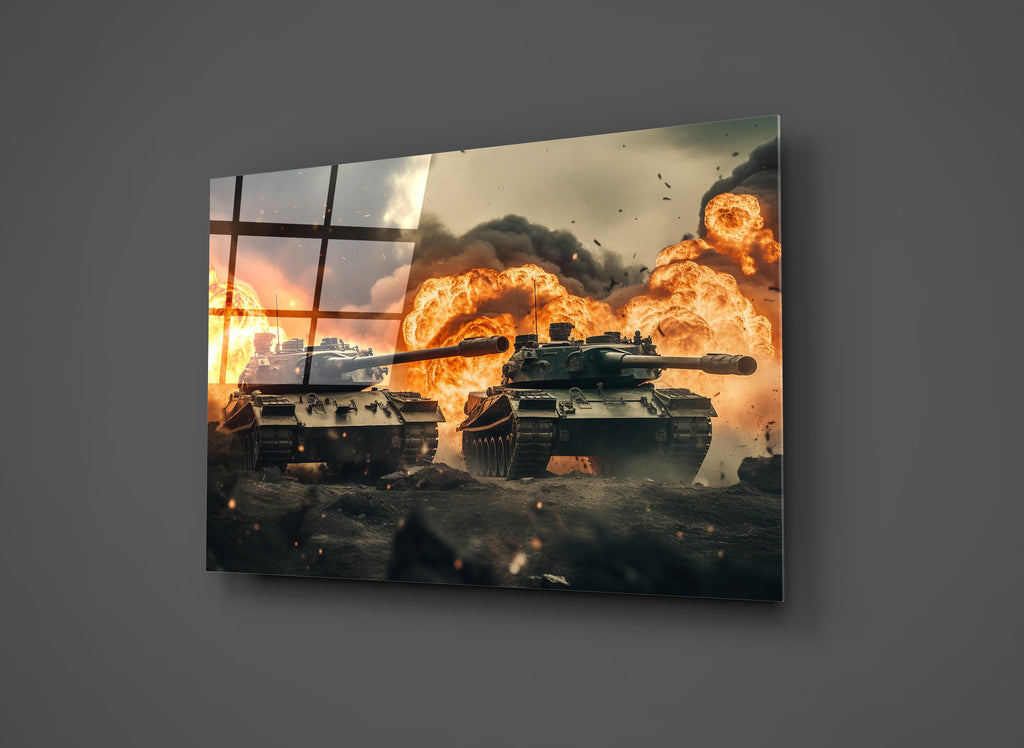 Battle Tanks in Fire Glass Wall Art close-up