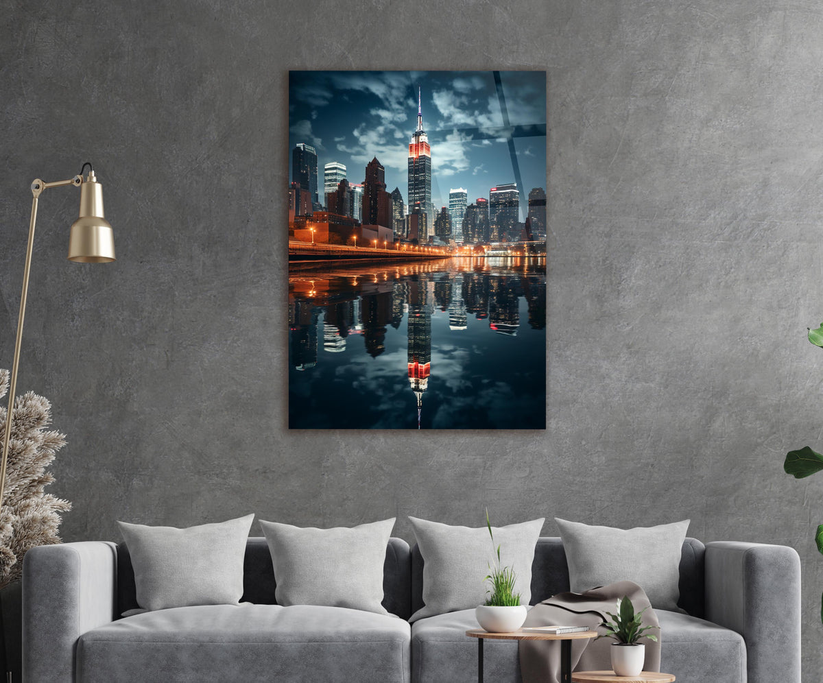 Night City Skyline Reflection Glass Wall Art in a living room interior