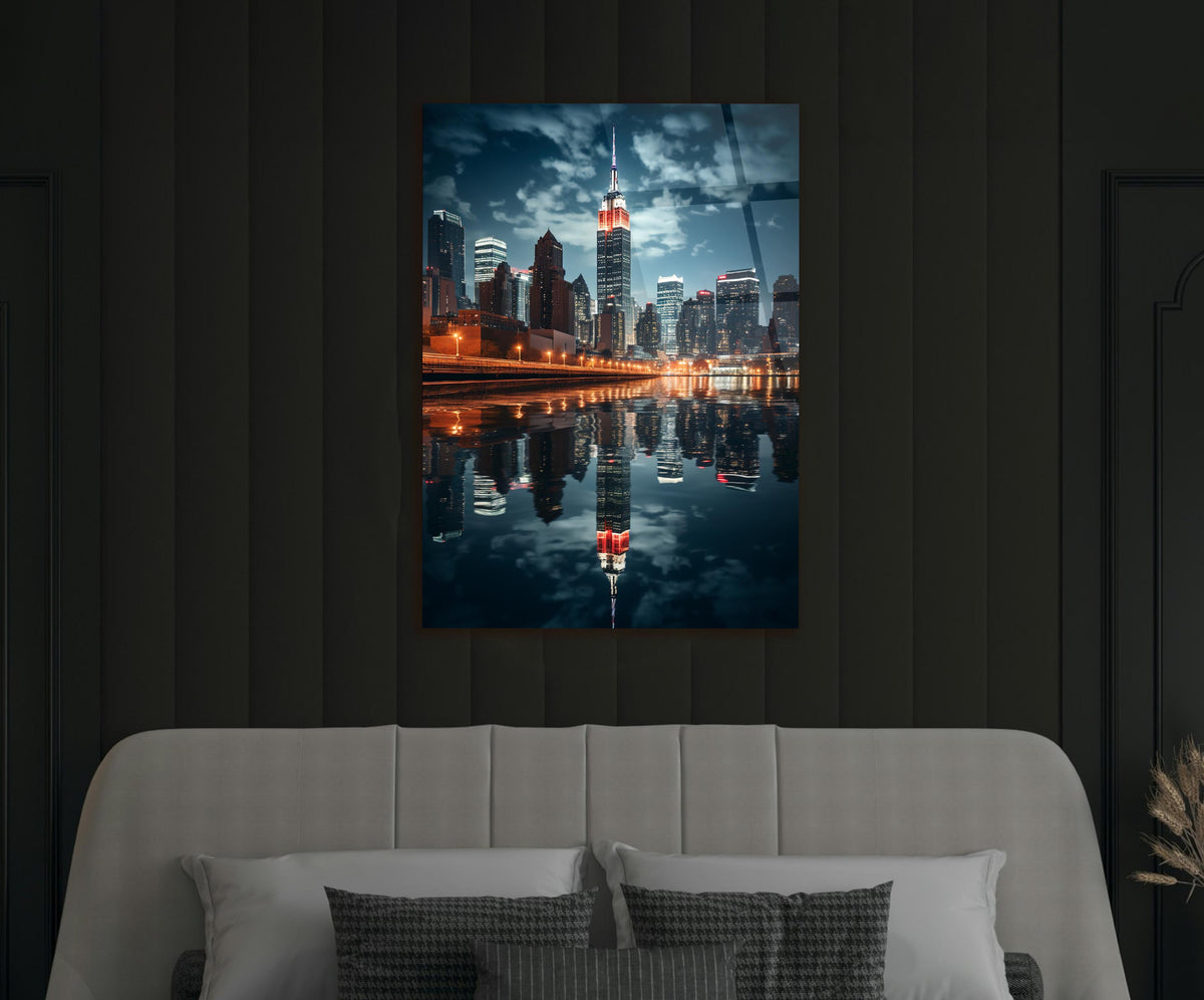 Night City Skyline Reflection Glass Wall Art in a modern interior