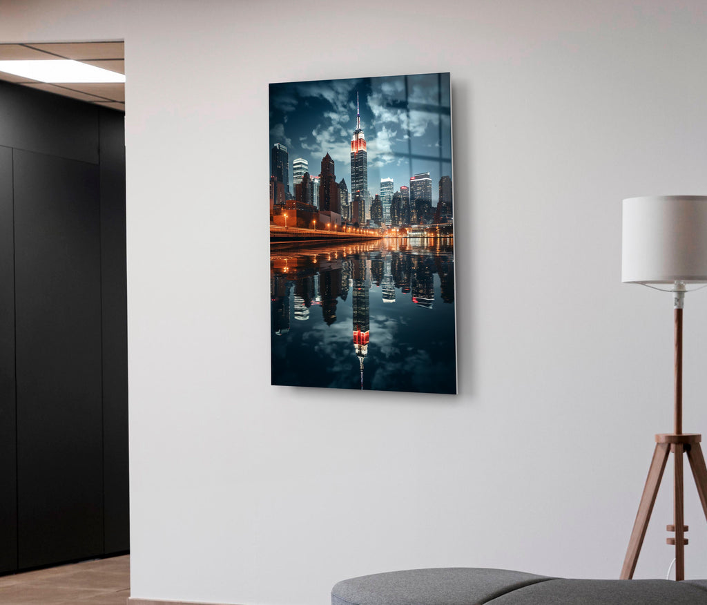 Night City Skyline Reflection Glass Wall Art on the wall