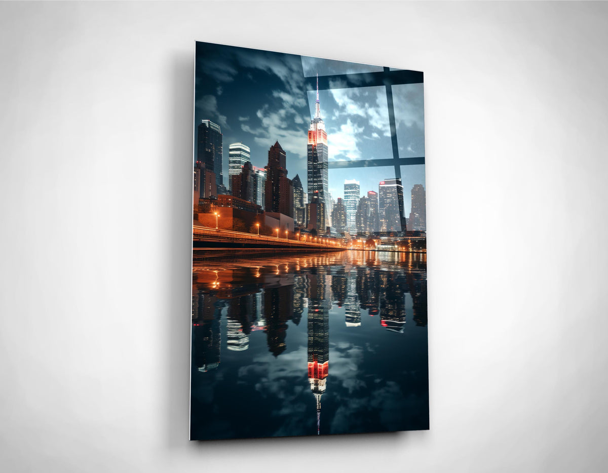 Night City Skyline Reflection Glass Wall Art close-up