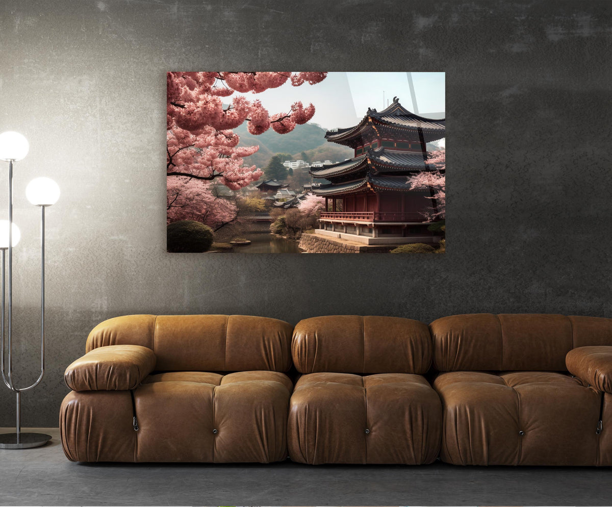 Japanese Pagoda with Cherry Blossoms Glass Wall Art in a living room interior