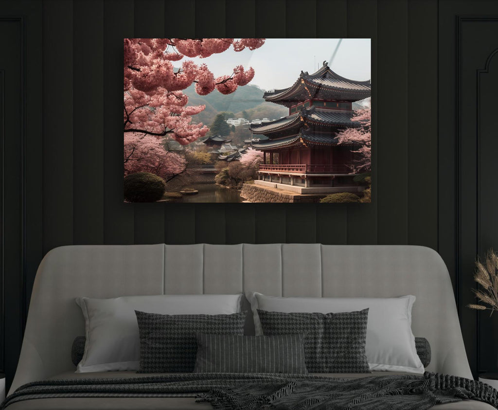 Japanese Pagoda with Cherry Blossoms Glass Wall Art in a modern interior