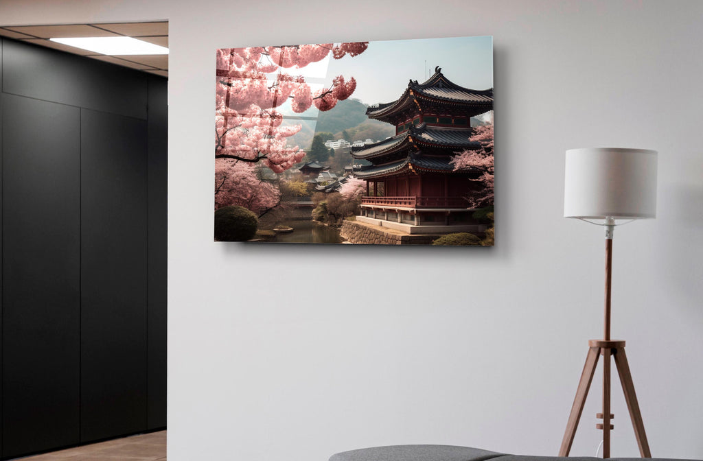 Japanese Pagoda with Cherry Blossoms Glass Wall Art on the wall