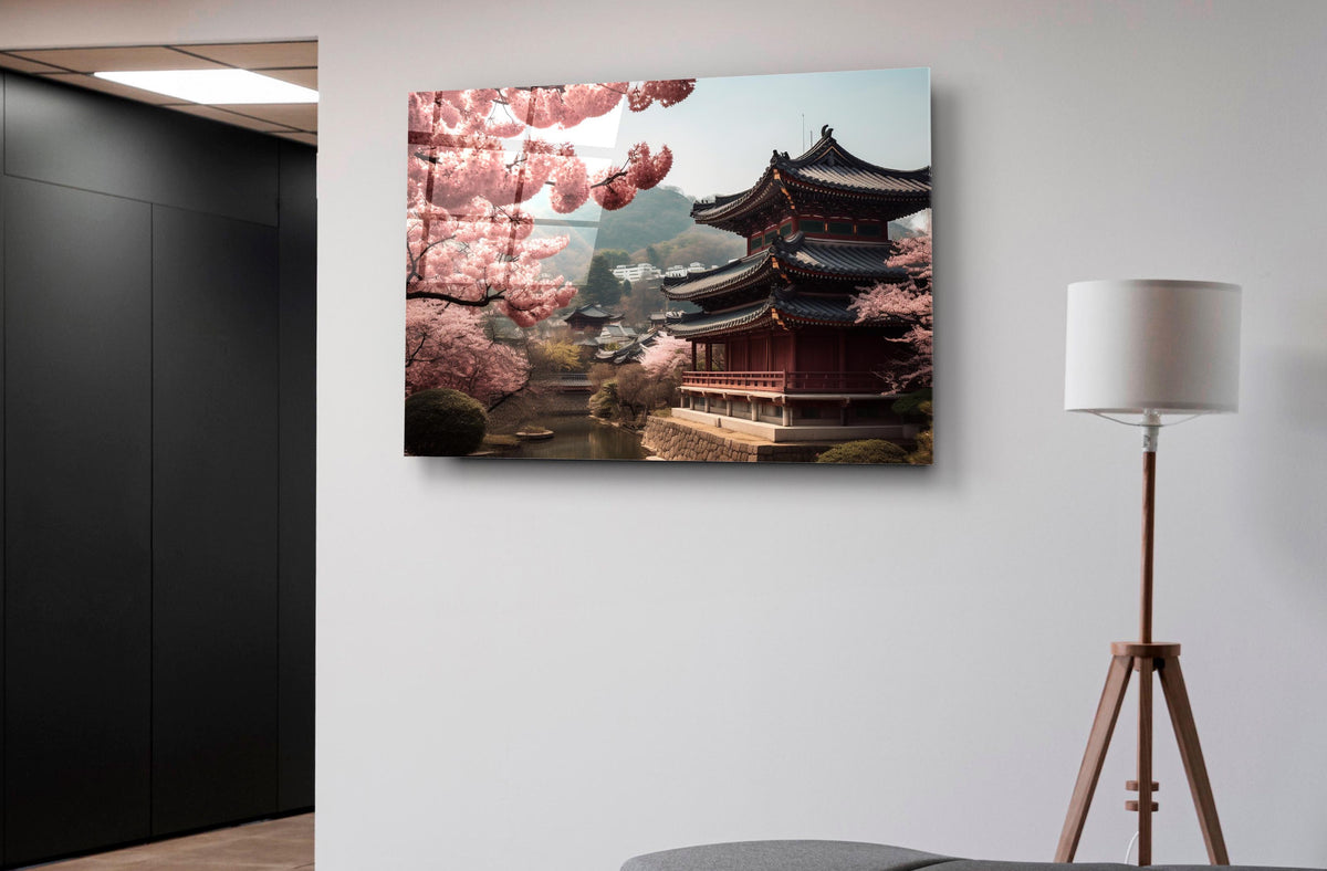 Japanese Pagoda with Cherry Blossoms Glass Wall Art on the wall
