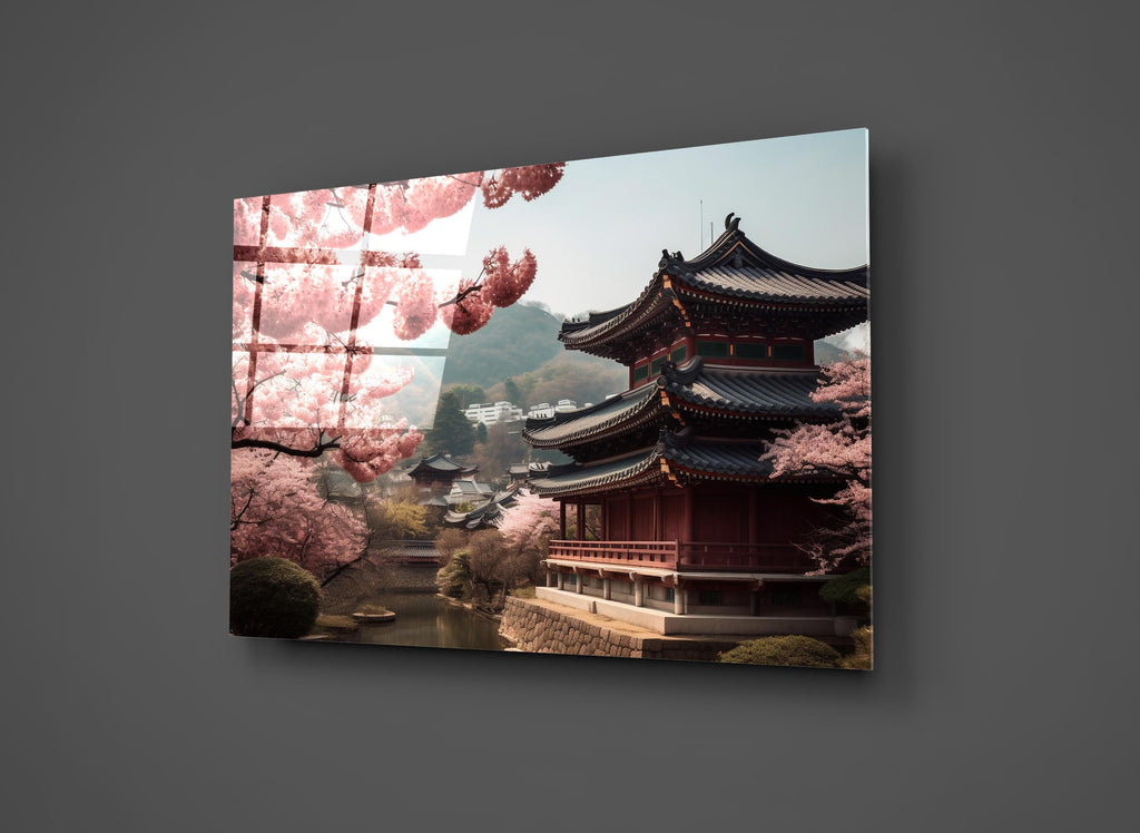 Japanese Pagoda with Cherry Blossoms Glass Wall Art close-up