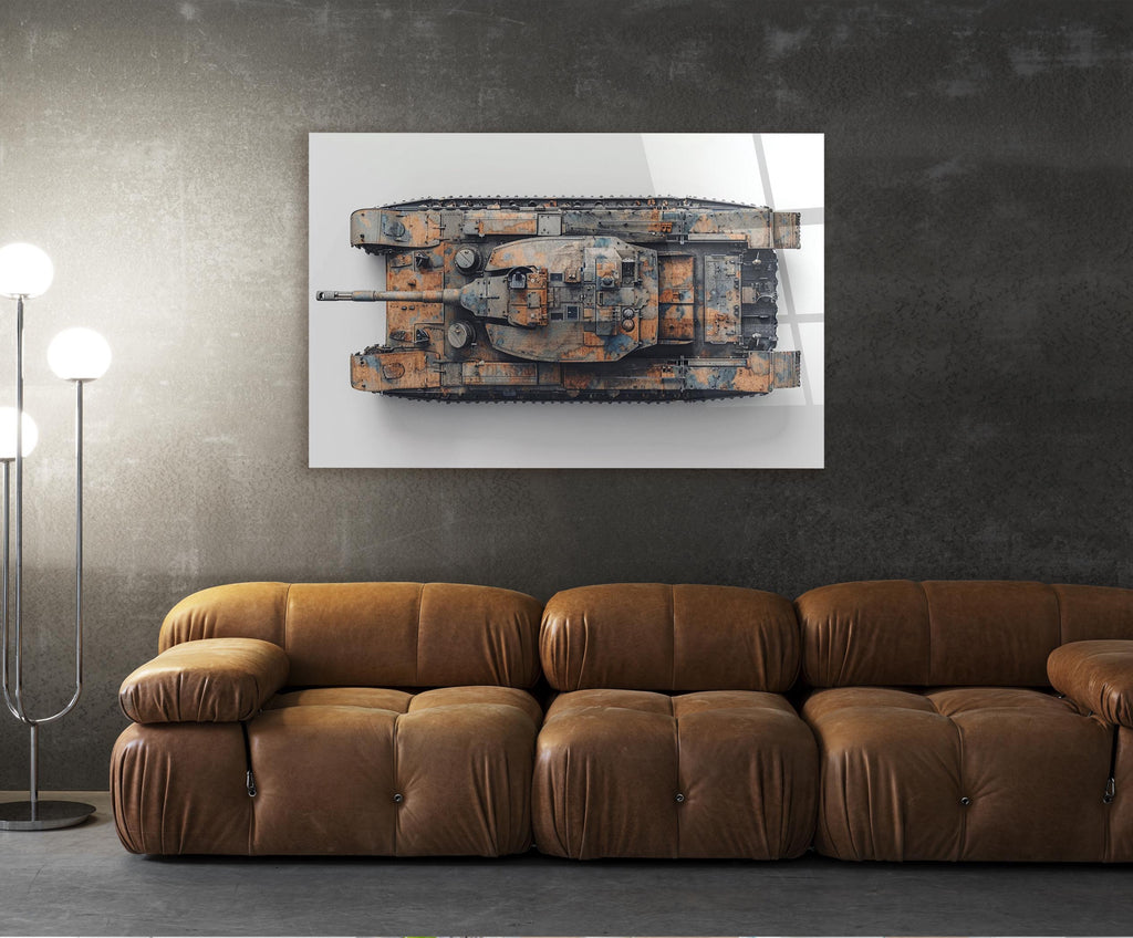 Rusted Battle Tank Top View Glass Wall Art in a living room interior