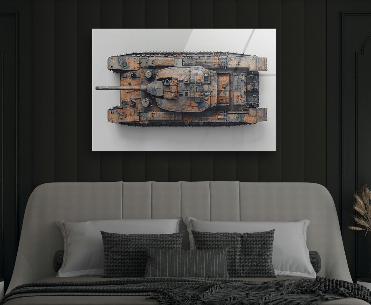 Rusted Battle Tank Top View Glass Wall Art in a modern interior