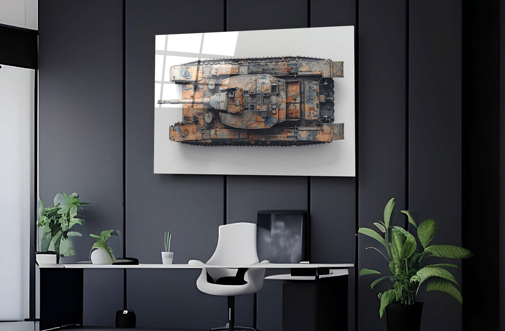 Rusted Battle Tank Top View Glass Wall Art on the wall
