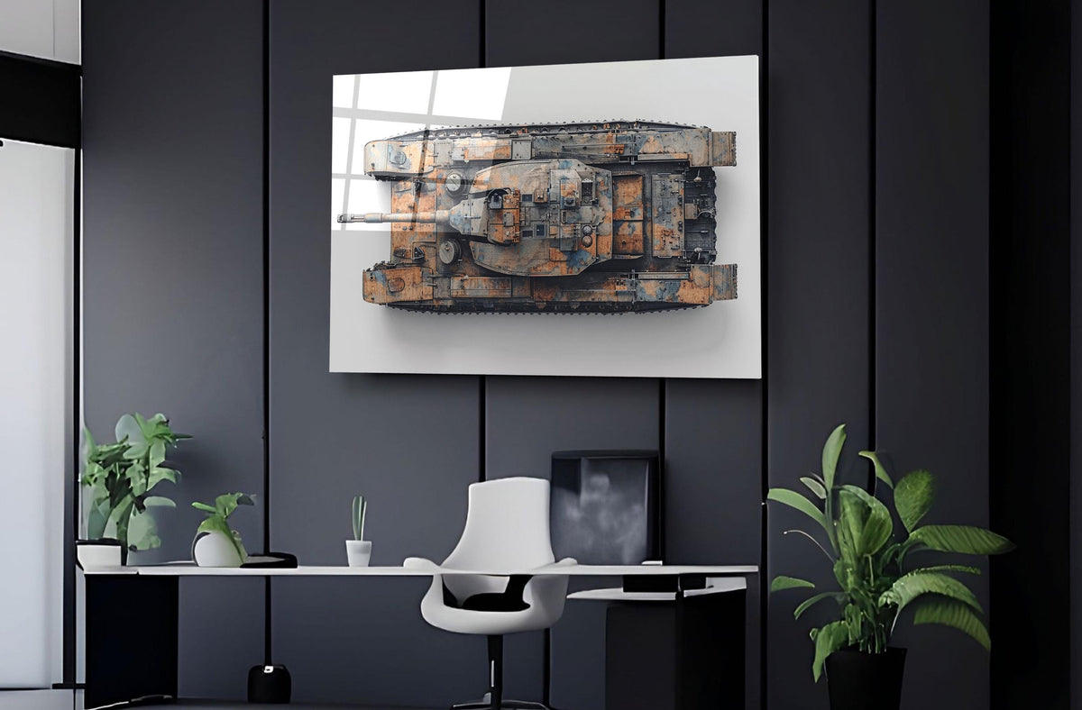 Rusted Battle Tank Top View Glass Wall Art on the wall