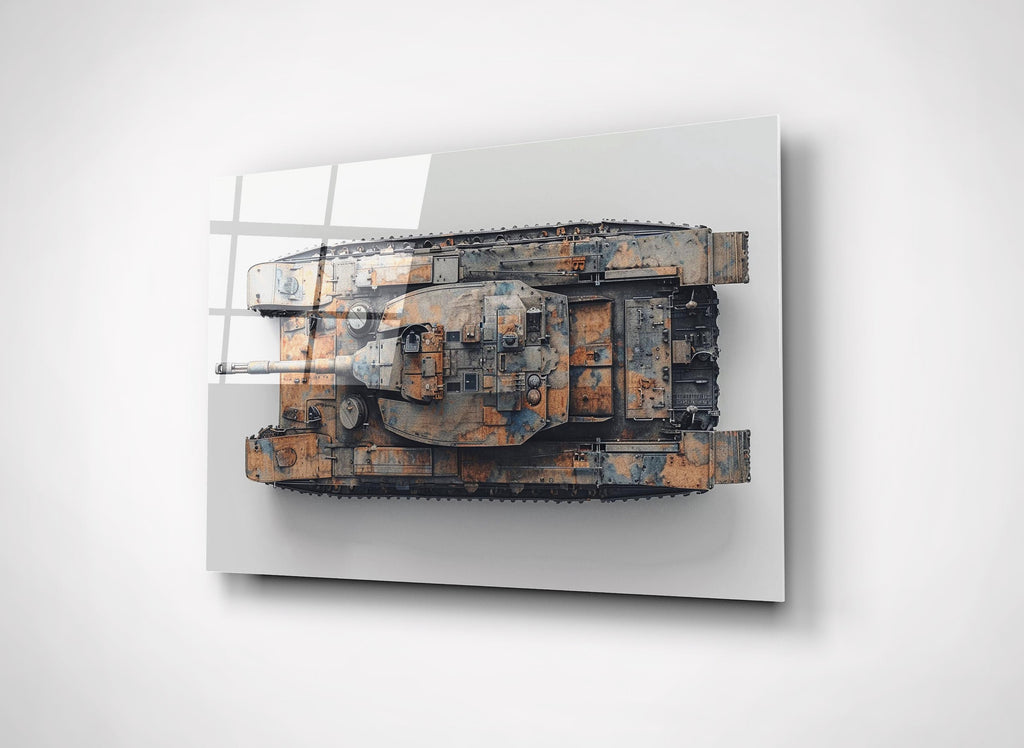 Rusted Battle Tank Top View Glass Wall Art close-up