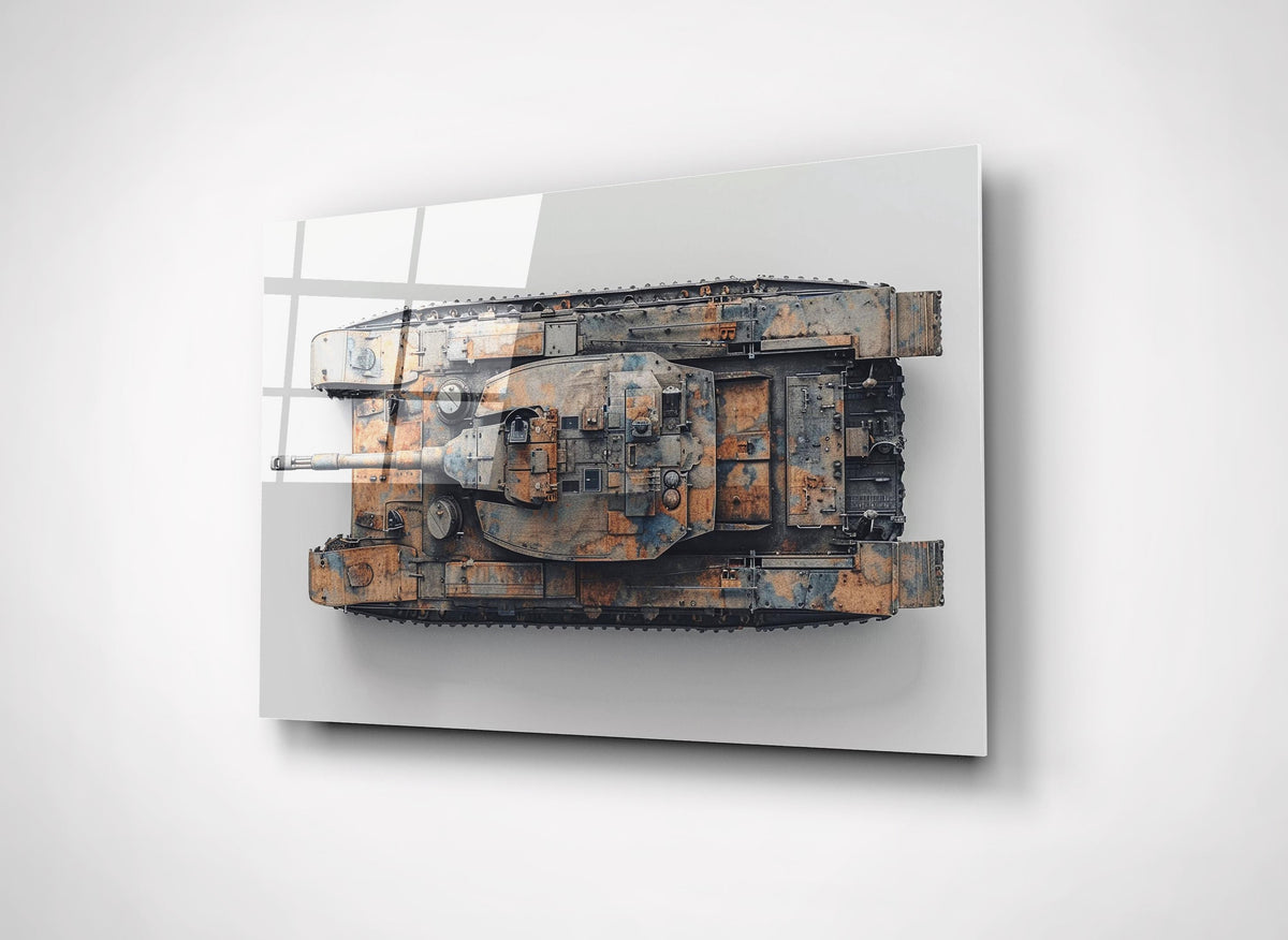 Rusted Battle Tank Top View Glass Wall Art close-up