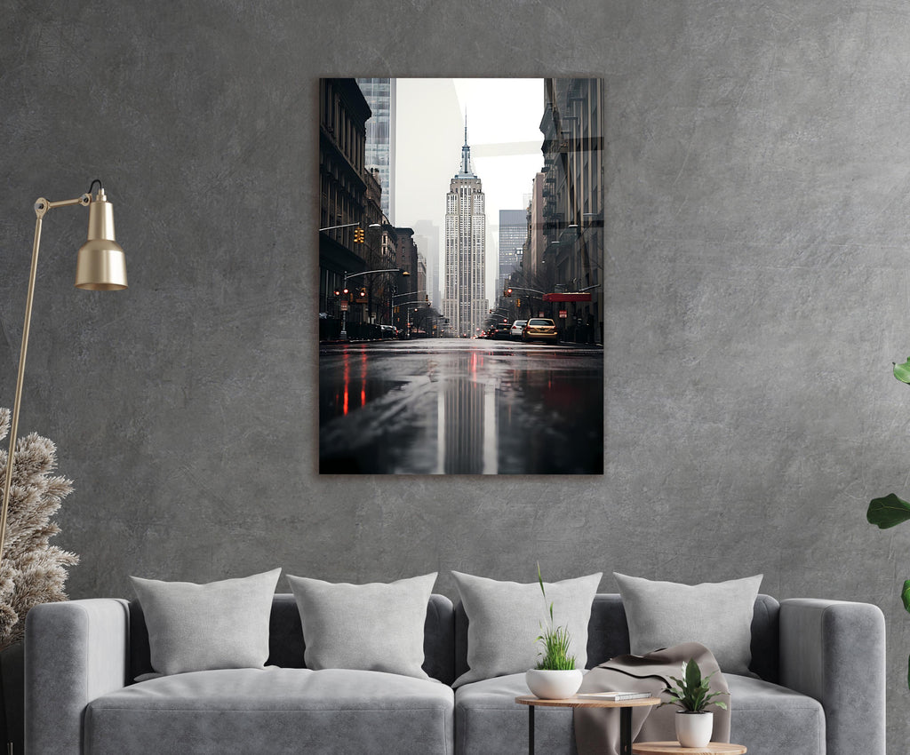 Rainy New York Street Glass Wall Art in a living room interior