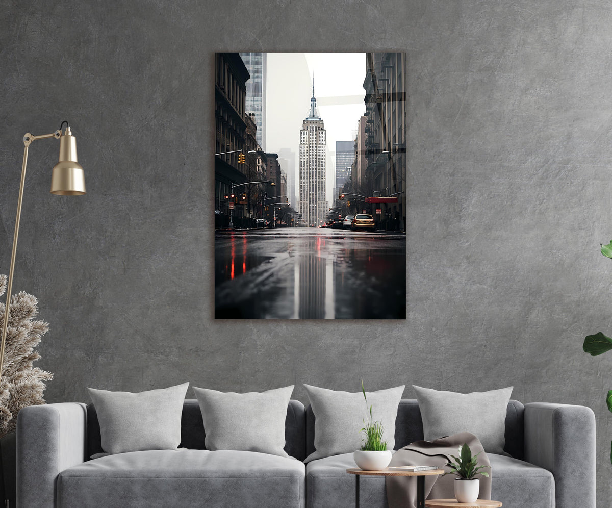 Rainy New York Street Glass Wall Art in a living room interior