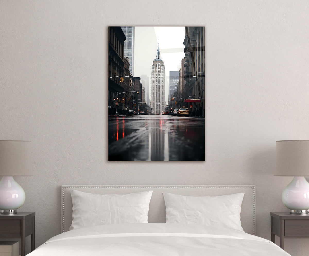 Rainy New York Street Glass Wall Art in a modern interior