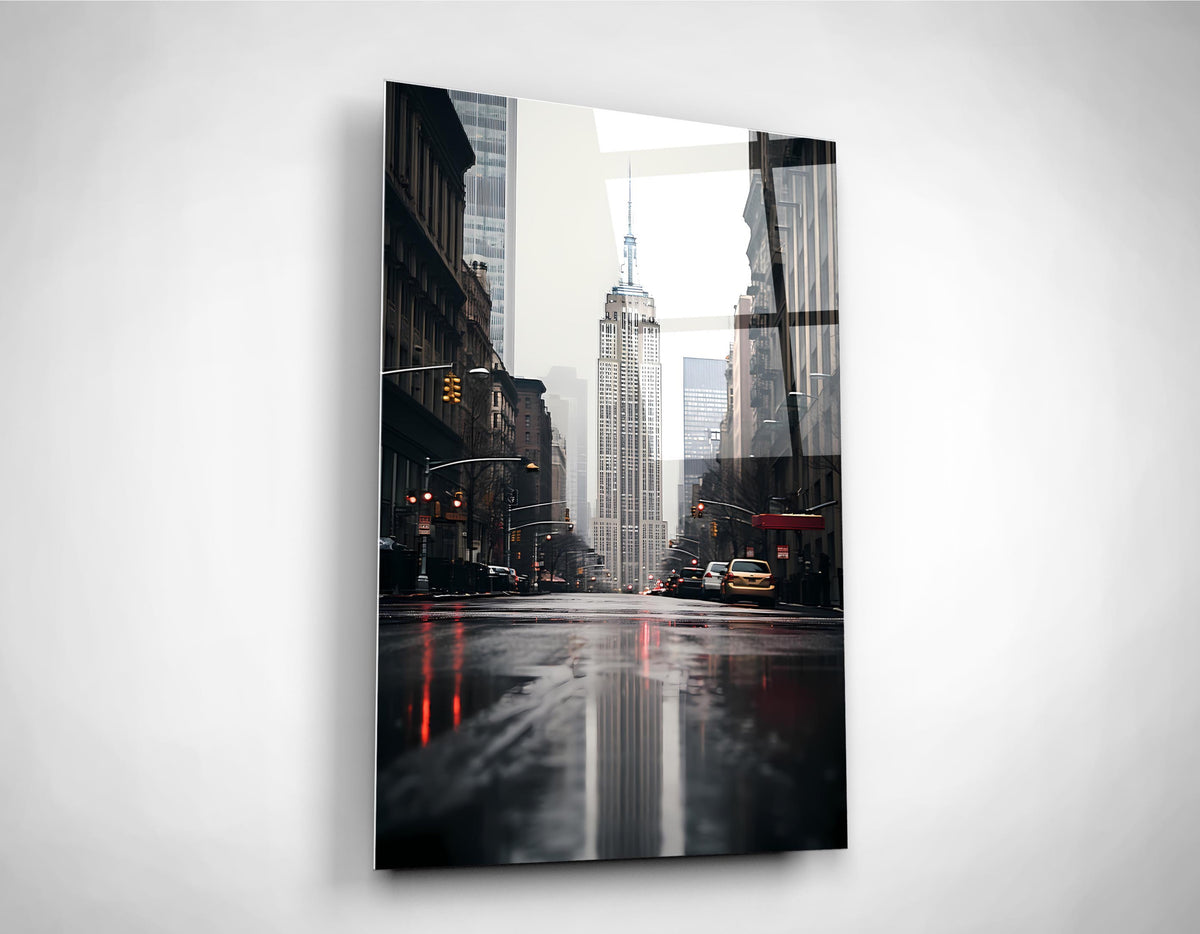 Rainy New York Street Glass Wall Art close-up