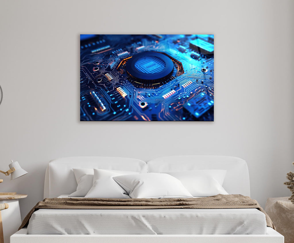Blue Circuit Board Microchip Glass Wall Art in a living room interior