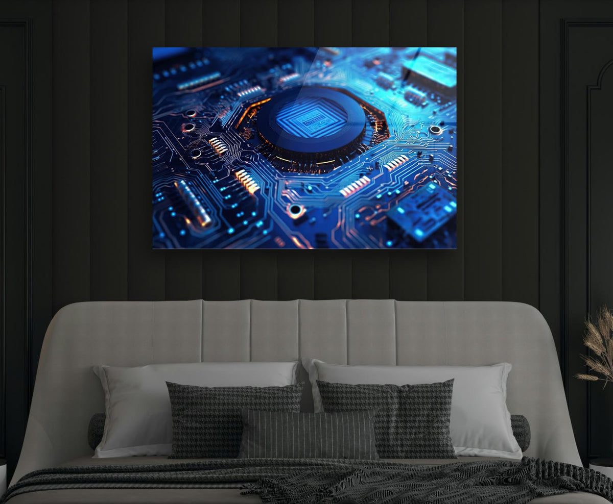 Blue Circuit Board Microchip Glass Wall Art in a modern interior