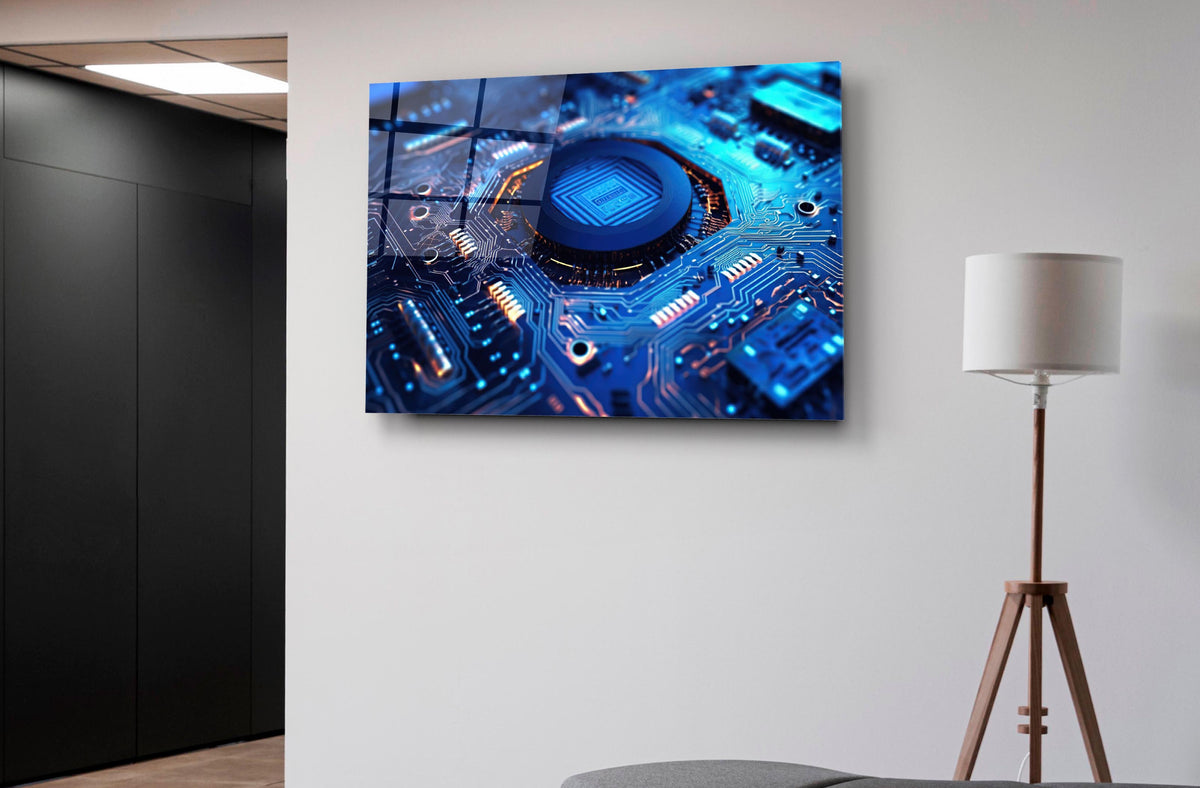Blue Circuit Board Microchip Glass Wall Art on the wall