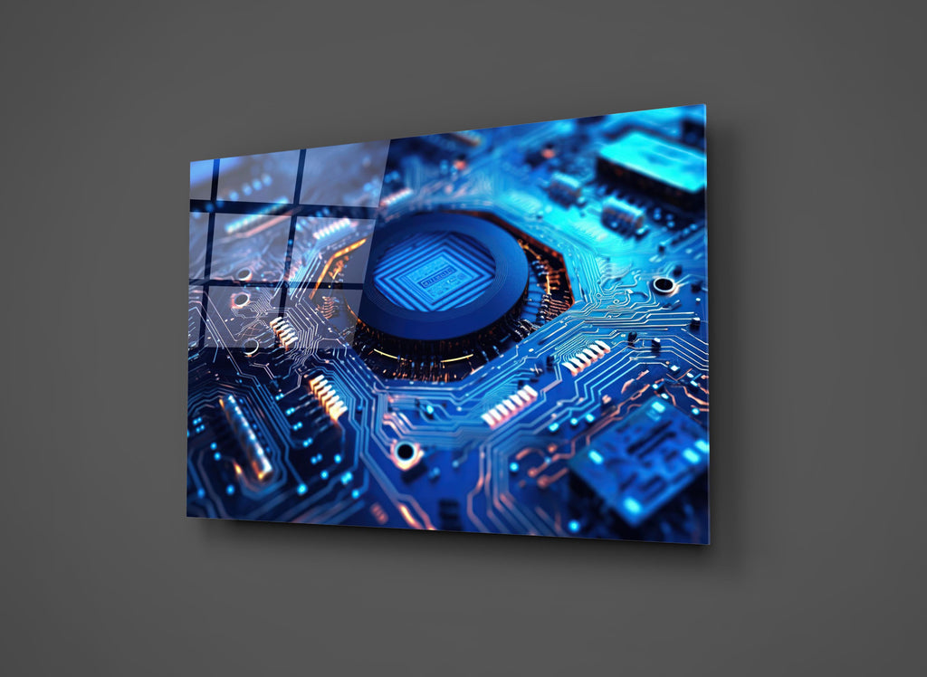 Blue Circuit Board Microchip Glass Wall Art close-up
