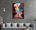 Sea Cave Sunset Waves Glass Wall Art in a living room interior