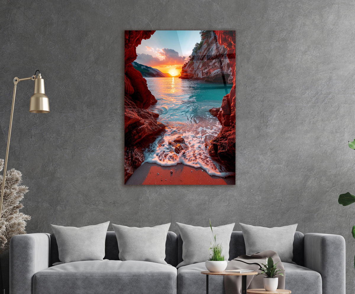 Sea Cave Sunset Waves Glass Wall Art in a living room interior