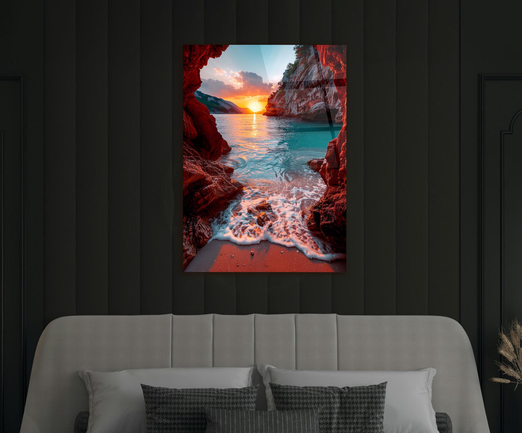 Sea Cave Sunset Waves Glass Wall Art in a modern interior