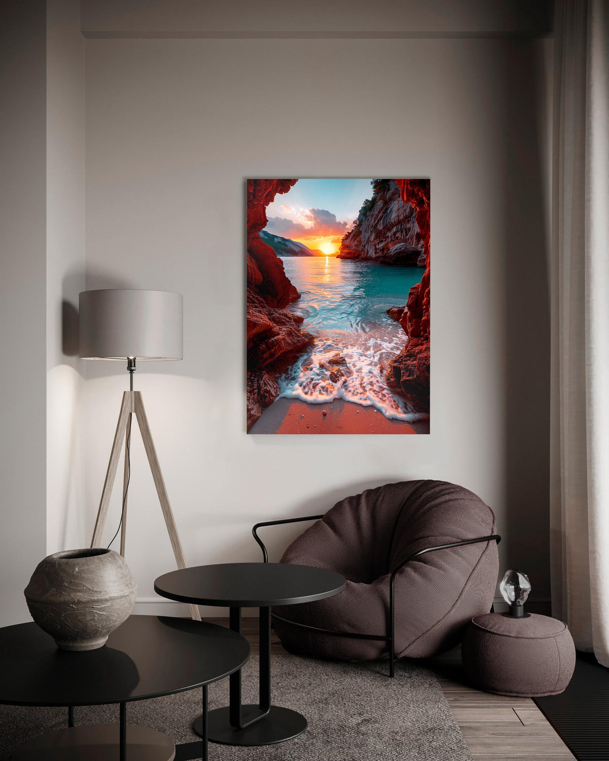 Sea Cave Sunset Waves Glass Wall Art on the wall