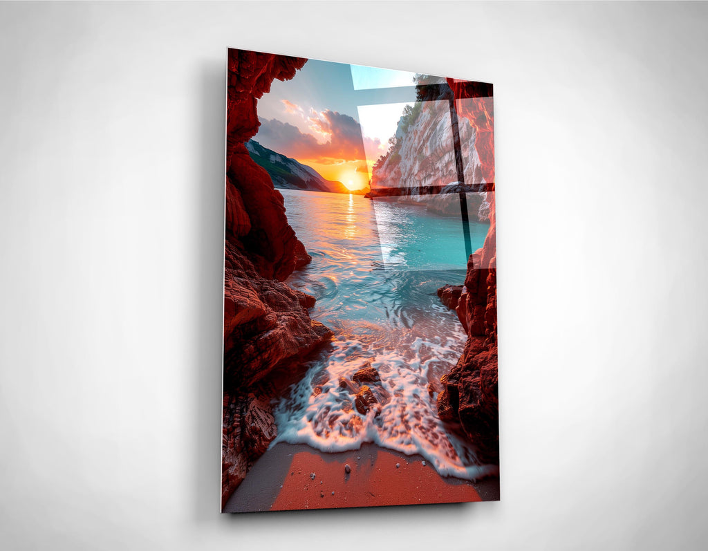 Sea Cave Sunset Waves Glass Wall Art close-up