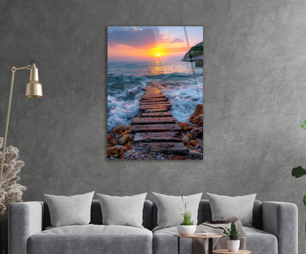 Wooden Stairway into the Sea Glass Wall Art in a living room interior
