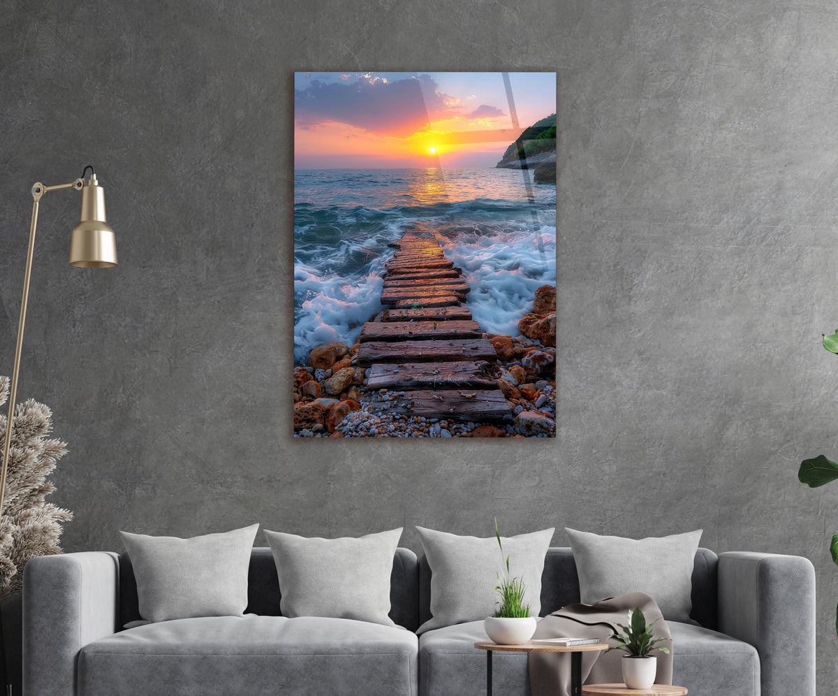 Wooden Stairway into the Sea Glass Wall Art in a living room interior