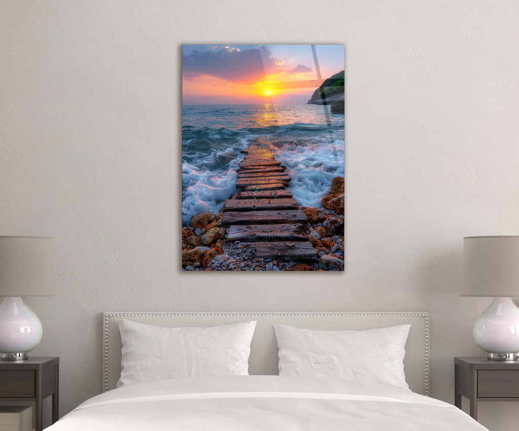 Wooden Stairway into the Sea Glass Wall Art in a modern interior